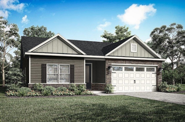 craftsman house with a front yard and a garage