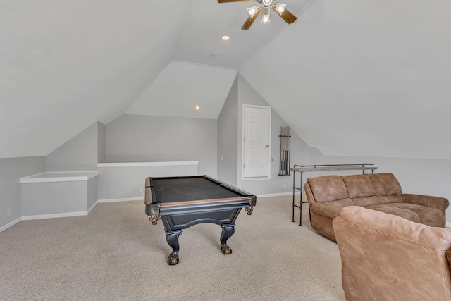 rec room featuring light carpet, ceiling fan, vaulted ceiling, and pool table