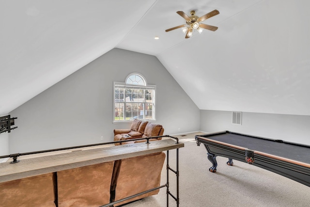 rec room featuring carpet flooring, ceiling fan, lofted ceiling, and pool table