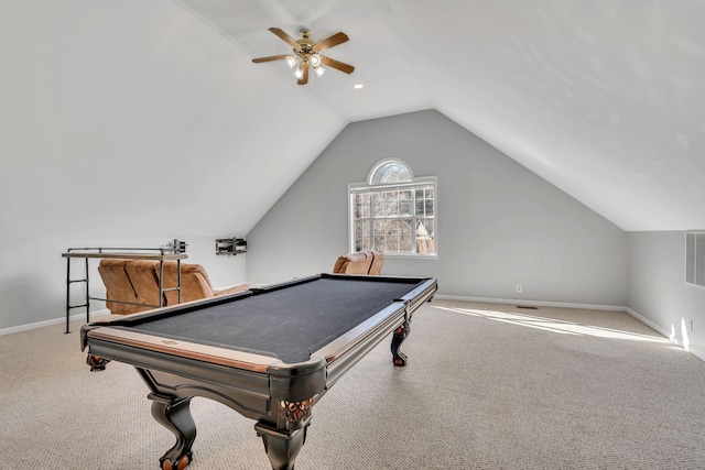 recreation room with carpet, ceiling fan, pool table, and vaulted ceiling