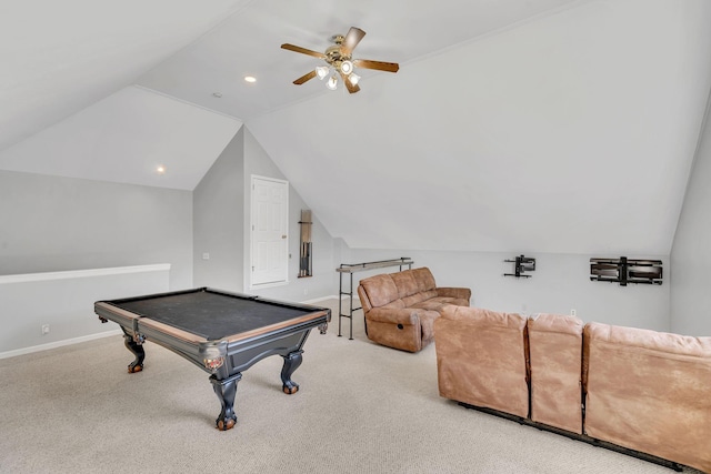 rec room with carpet, vaulted ceiling, ceiling fan, and billiards