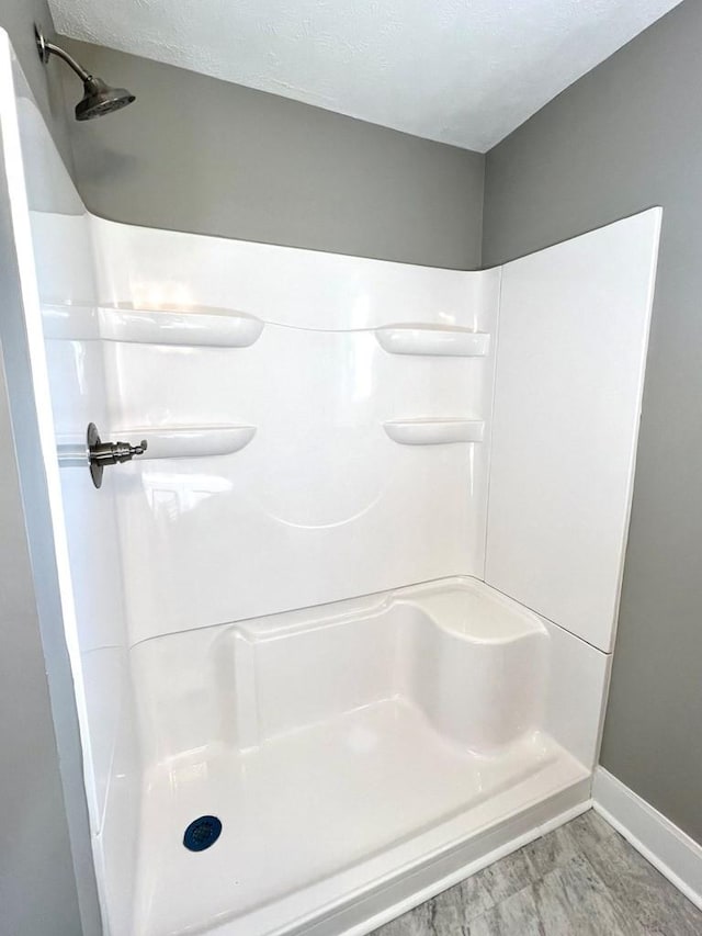 bathroom featuring a shower and hardwood / wood-style floors