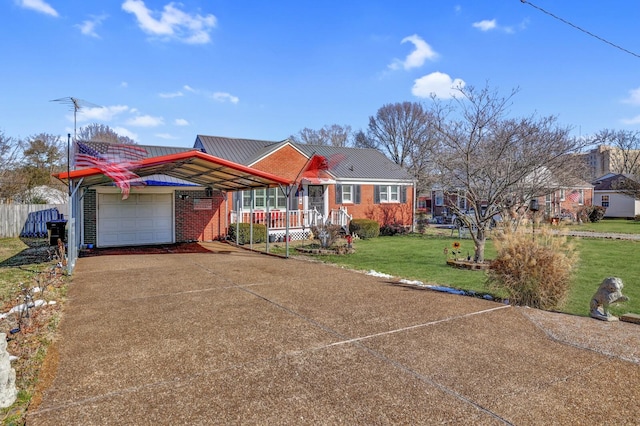 single story home with a garage and a front lawn