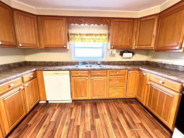 kitchen with sink, white dishwasher, dark wood-type flooring, and ornamental molding