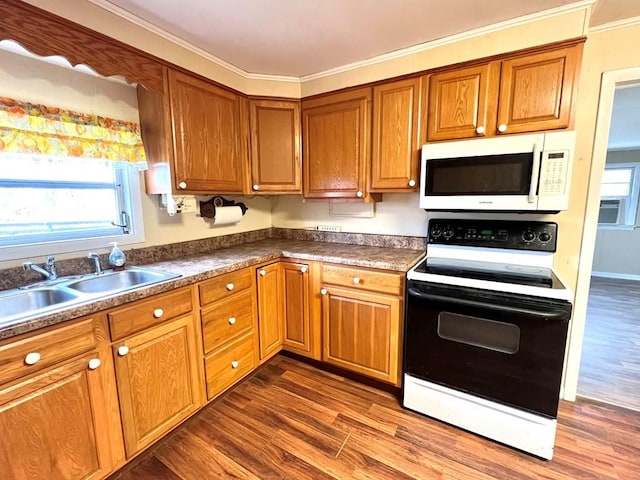 kitchen featuring cooling unit, sink, range with electric cooktop, dark hardwood / wood-style floors, and ornamental molding