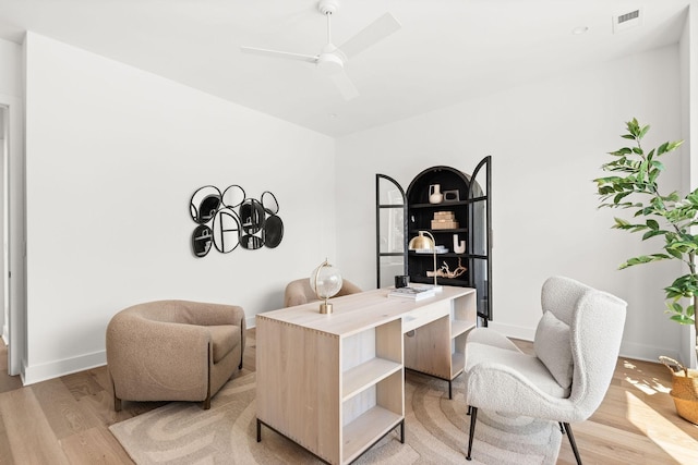 office area featuring light wood-type flooring and ceiling fan