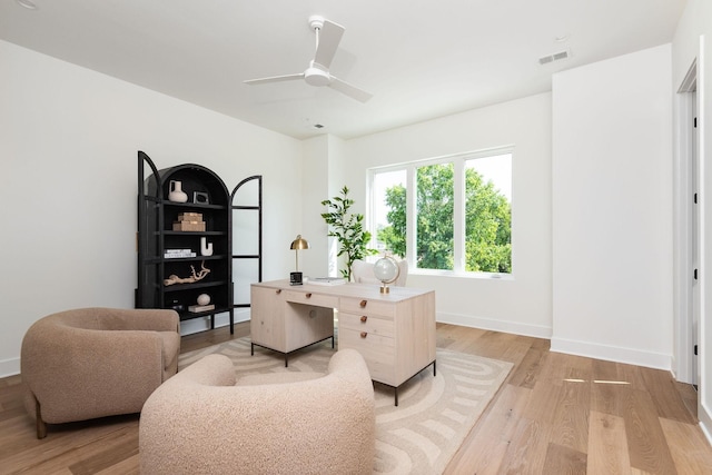 office featuring light hardwood / wood-style flooring and ceiling fan