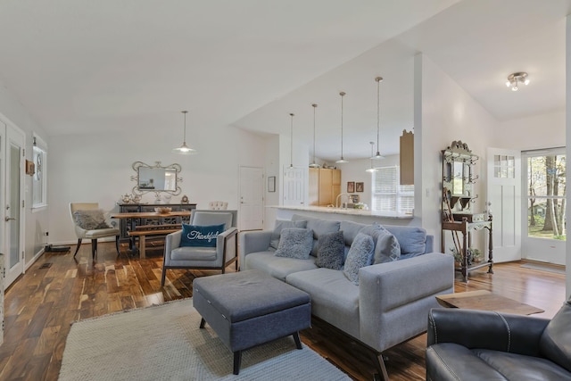 living room featuring dark hardwood / wood-style floors and high vaulted ceiling