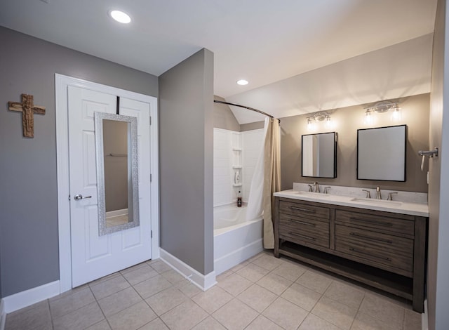 bathroom featuring shower / bath combo, vanity, tile patterned floors, and vaulted ceiling