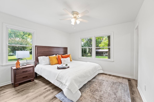 bedroom with light wood-type flooring, multiple windows, and baseboards