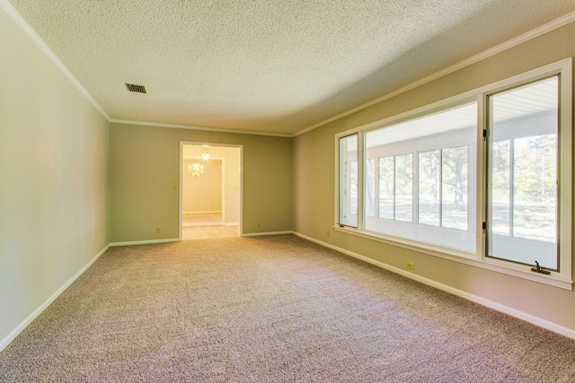 carpeted spare room featuring crown molding and a textured ceiling