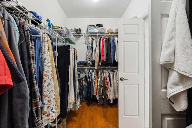 spacious closet featuring dark hardwood / wood-style floors