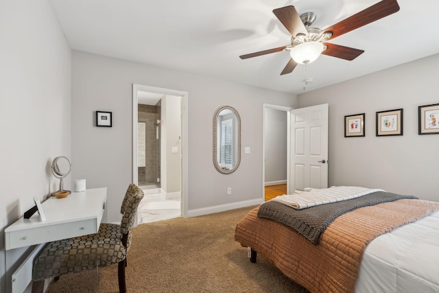 carpeted bedroom featuring connected bathroom and ceiling fan