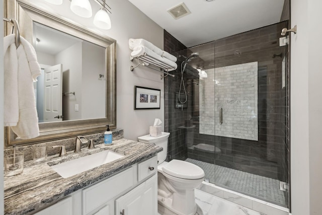 bathroom with decorative backsplash, vanity, toilet, and walk in shower