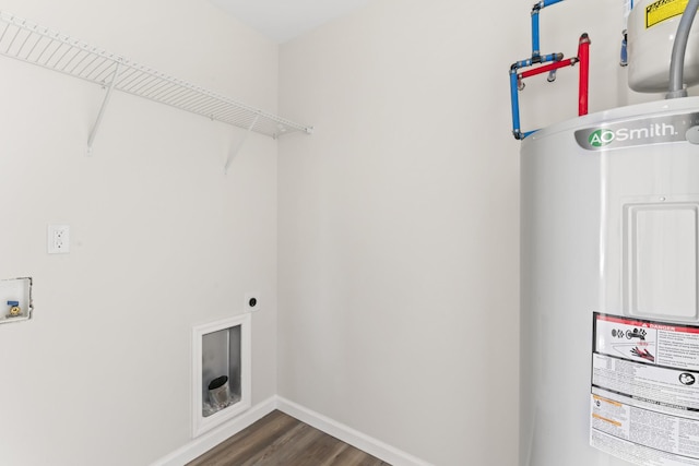 laundry area featuring electric dryer hookup, dark hardwood / wood-style floors, electric water heater, and hookup for a washing machine