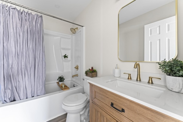 full bathroom featuring hardwood / wood-style floors, vanity, toilet, and shower / bathtub combination with curtain