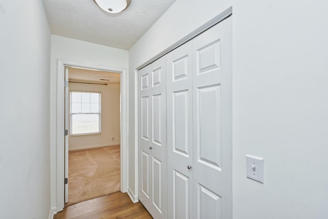 corridor featuring a textured ceiling and light hardwood / wood-style flooring