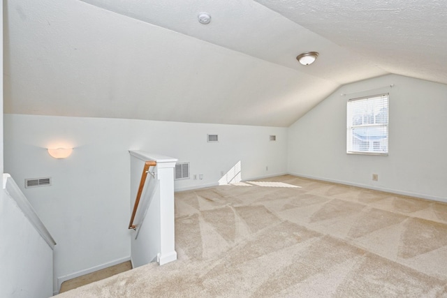 additional living space with light colored carpet, lofted ceiling, and a textured ceiling