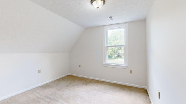 additional living space with a textured ceiling, light colored carpet, and vaulted ceiling