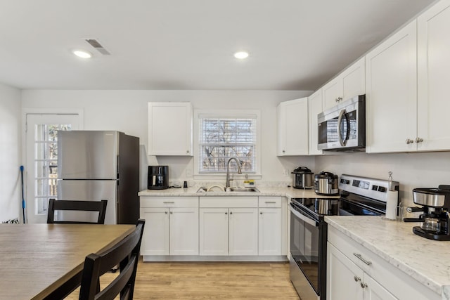 kitchen featuring appliances with stainless steel finishes, white cabinetry, and sink