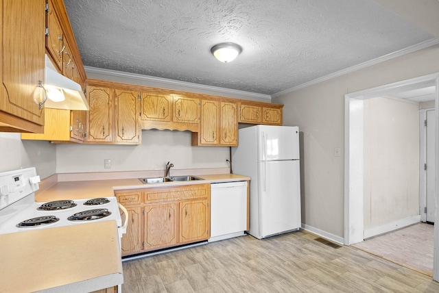 kitchen with sink, white appliances, crown molding, and a textured ceiling