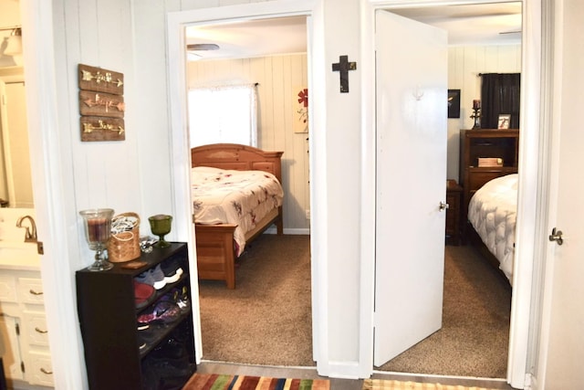 hall featuring sink, carpet floors, and wood walls