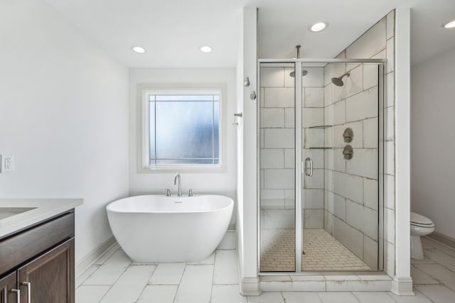 full bathroom featuring vanity, toilet, and independent shower and bath