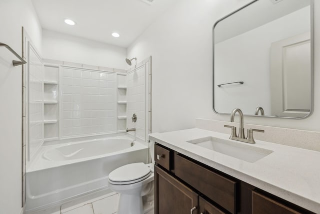 full bathroom with tile patterned floors, vanity, shower / bathtub combination, and toilet