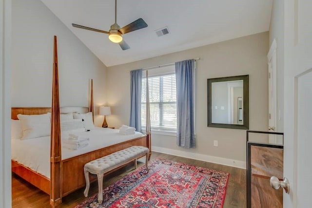 bedroom featuring ceiling fan, wood-type flooring, and lofted ceiling