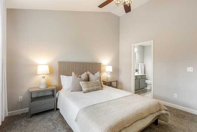 bedroom featuring lofted ceiling, connected bathroom, carpet, and ceiling fan