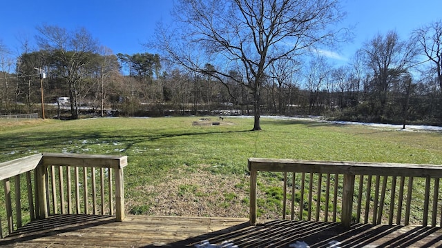 wooden deck featuring a water view and a yard