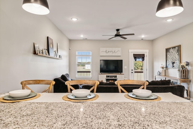 living room featuring ceiling fan