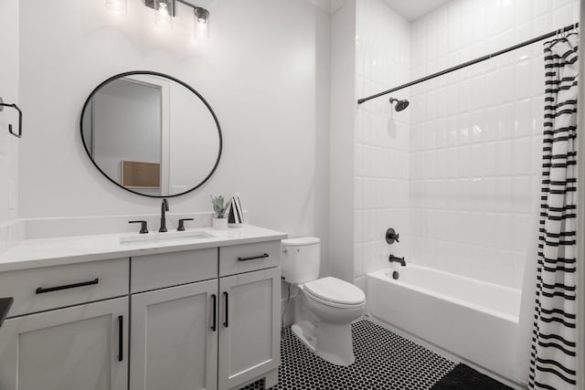 full bathroom with vanity, toilet, and shower / bathtub combination with curtain