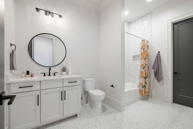 full bathroom featuring vanity, shower / bath combination with curtain, and toilet