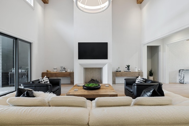 living room featuring light hardwood / wood-style floors and a high ceiling