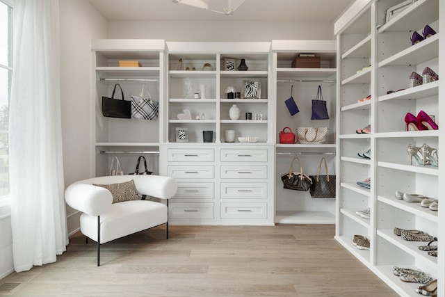 walk in closet featuring light hardwood / wood-style flooring