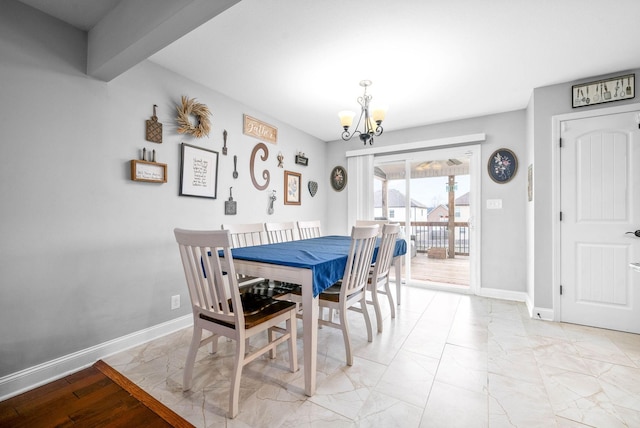 dining space featuring a notable chandelier and beamed ceiling