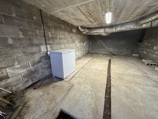 basement with refrigerator