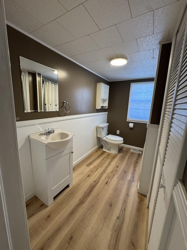 bathroom featuring hardwood / wood-style flooring, vanity, and toilet