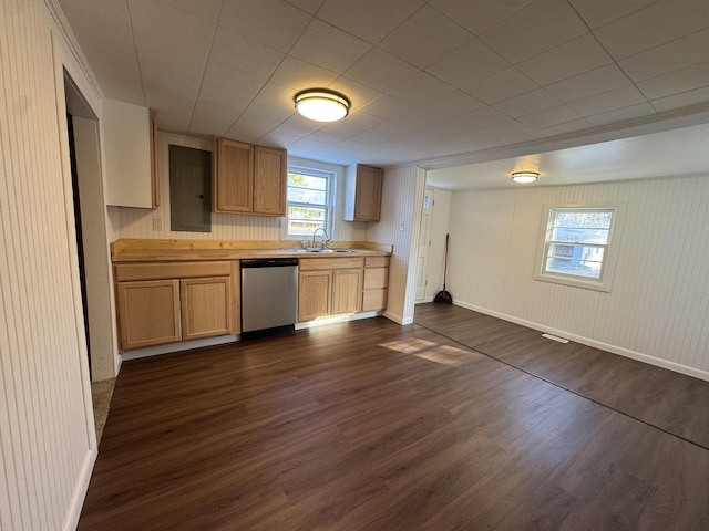 kitchen featuring electric panel, dark hardwood / wood-style flooring, dishwasher, and sink