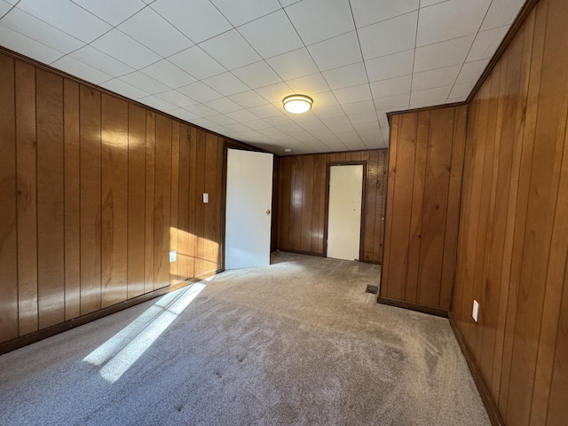 carpeted empty room with wooden walls