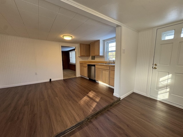 kitchen with sink, dark wood-type flooring, stainless steel dishwasher, and light brown cabinets