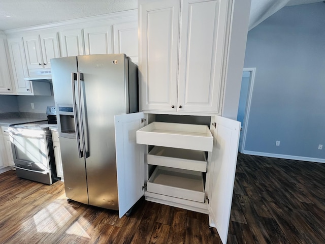 kitchen featuring white cabinets, appliances with stainless steel finishes, a textured ceiling, and dark wood-type flooring