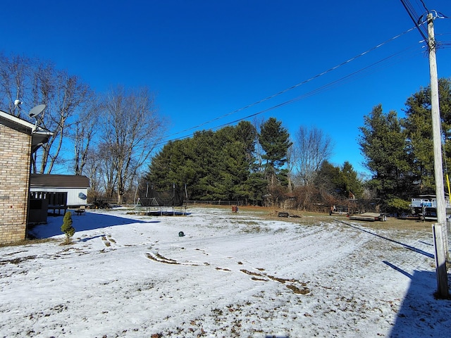 yard covered in snow featuring a trampoline