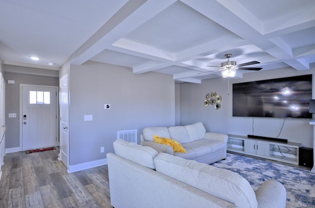 living room featuring ceiling fan, wood-type flooring, coffered ceiling, and beam ceiling