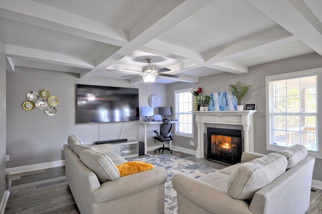 living room with coffered ceiling, beam ceiling, wood-type flooring, and ceiling fan