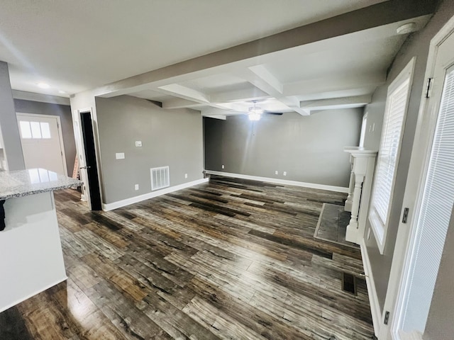 unfurnished living room with dark hardwood / wood-style flooring, ceiling fan, coffered ceiling, and beamed ceiling