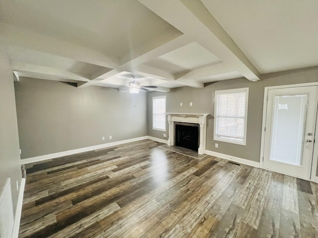 unfurnished living room featuring beam ceiling, a premium fireplace, coffered ceiling, and dark hardwood / wood-style flooring