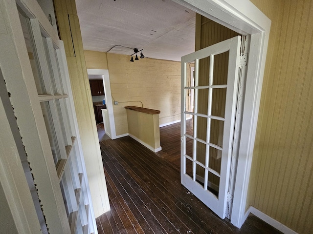 hall with dark hardwood / wood-style flooring and wood walls