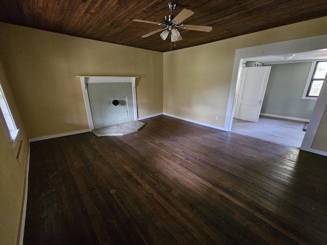 spare room featuring ceiling fan, dark hardwood / wood-style flooring, and wooden ceiling